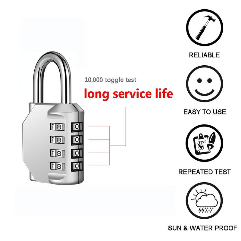 Disecu 2 Pack disecu 4 Digit Combination Lock, Outdoor Waterproof Padlock with Steel Cable for School Gym Locker, Helmet, Gate, Fence, Luggage (Silver) - Image 4